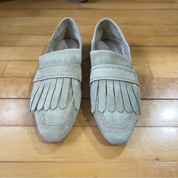 ZARA Beige Studded Suede Leather Pointy Toe Fringe Loafers - Picture 3 of 5